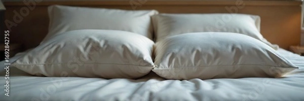 Fototapeta Close-up of two pillows nestled together on a bed, soft lighting, intimate and cozy scene suggesting quiet conversation and connection ,  warmth,  sensual