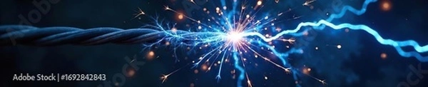 Fototapeta Close-up of sparking electrical wires, bright blue arcs crackling with intense energy, a visceral display of raw power , shocking, arc