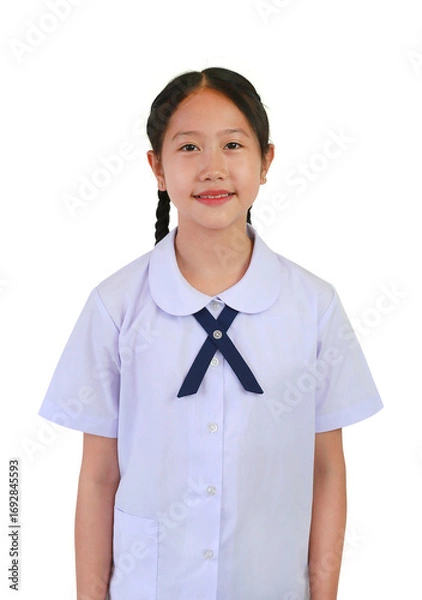 Fototapeta Portrait of pretty Asian student girl in school uniform standing isolated on white studio background. Image with clipping path.