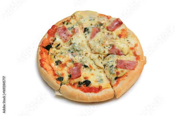 Fototapeta Pizza topped with cheese, spinach and bacon isolated on white background.