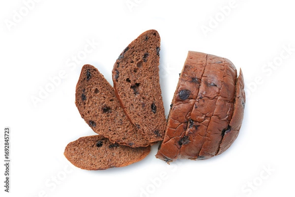 Fototapeta Bread sliced with chocolate chips isolated on white studio background.