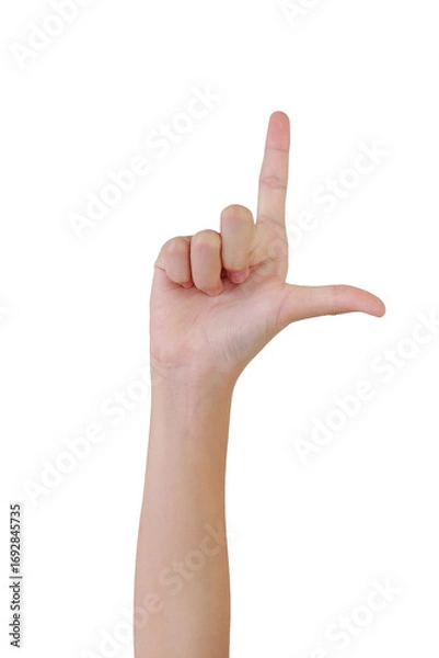Fototapeta Finger aim pointing gun hand isolated on white background. Finger hand symbols concept.