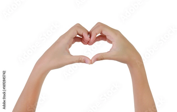 Fototapeta Hands making sign heart by fingers isolated on white studio background. Image with Clipping path.