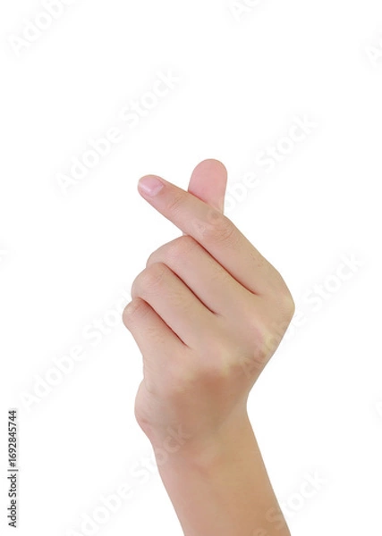 Fototapeta Hand making finger heart showing mini love gesture isolated on white studio background. Finger hand girl with clipping path.
