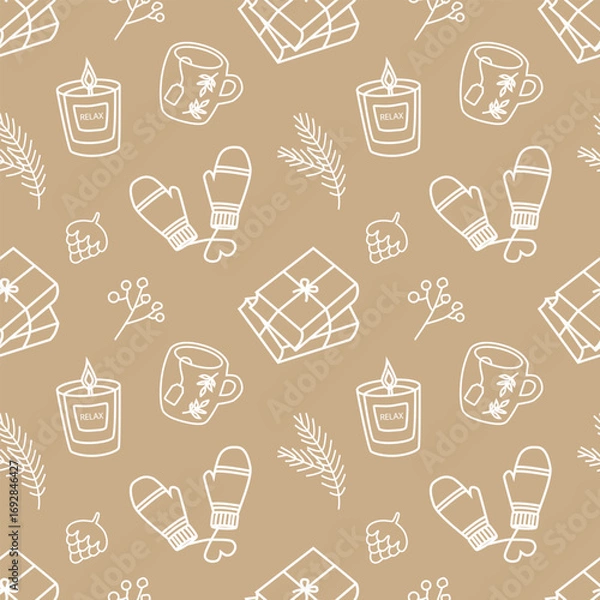 Obraz Vector seamless pattern with white winter icon elements on a beige background. White Christmas wrapping paper design