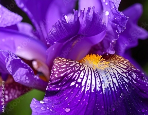 Fototapeta Close-up of a vibrant purple iris with water droplets