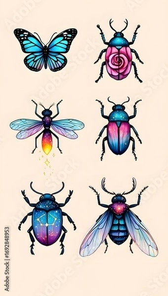 Fototapeta Colorful Watercolor Strange Bugs – Bright Hand-Painted Insects with Unique Patterns and Designs