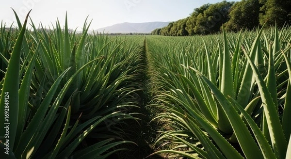 Fototapeta Vibrant green aloe vera plants growing in agricultural field under natural sunlight white background