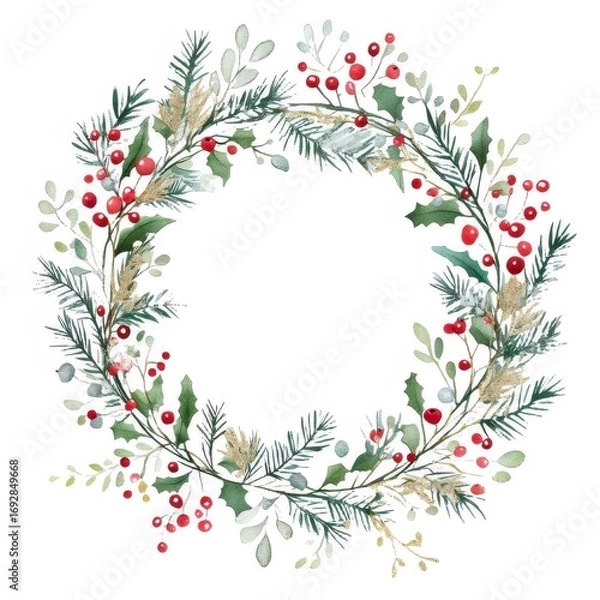 Obraz 水彩のクリスマスリースと赤いベリー 白い背景の植物の緑の枝とホリーの葉と季節のお祝い
