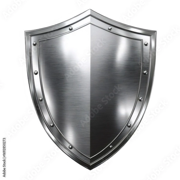 Obraz シルバーメタリック仕上げの孤立した中世の盾が輝きを放ち白背景に配置された静止画
