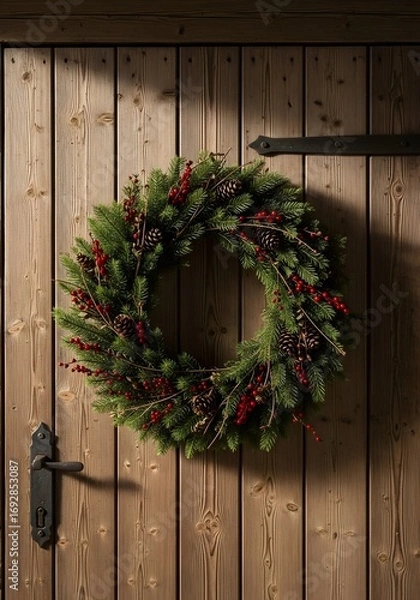 Fototapeta A rustic christmas wreath with red berries and pinecones on a weathered wooden door