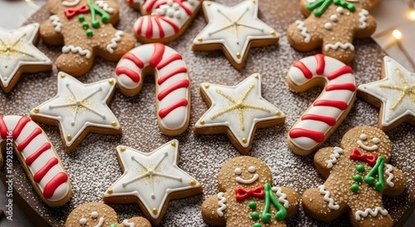 Fototapeta Christmas gingerbread man and star cookies with candy canes dusted with powdered sugar