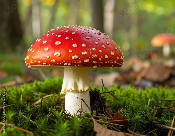 Fototapeta Close-up of a vibrant red mushroom in a forest