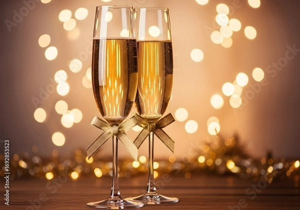 Fototapeta Two champagne glasses filled with bubbly liquid and bokeh lights