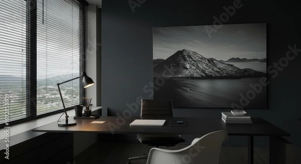 Fototapeta A minimalist office space features a desk chairs  mountain picture under window blinds