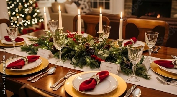 Fototapeta Elegant christmas dinner table setting with candles and festive decor