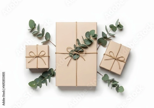 Fototapeta Assorted gift boxes with eucalyptus leaves isolated on white background