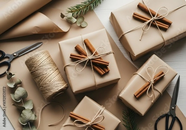 Fototapeta Overhead view of rustic christmas gift wrapping with cinnamon and twine