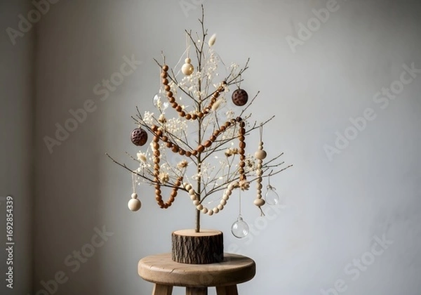 Fototapeta Rustic twig christmas tree with natural bead garland on stool