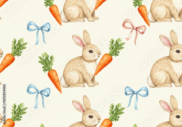 Fototapeta Sweet watercolor pattern with bunnies, carrots, and ribbons adds a charming touch to any springtime project