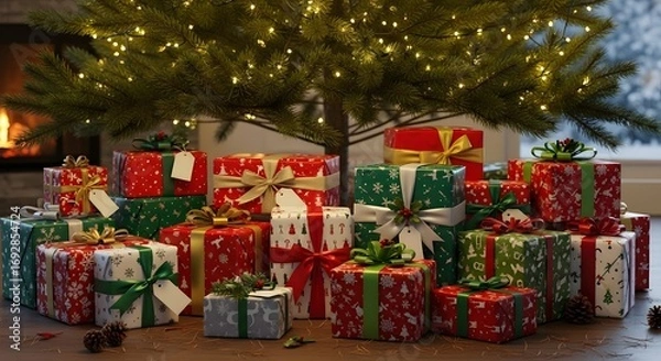Fototapeta Stack of colorful christmas presents piled under a decorated tree with lights