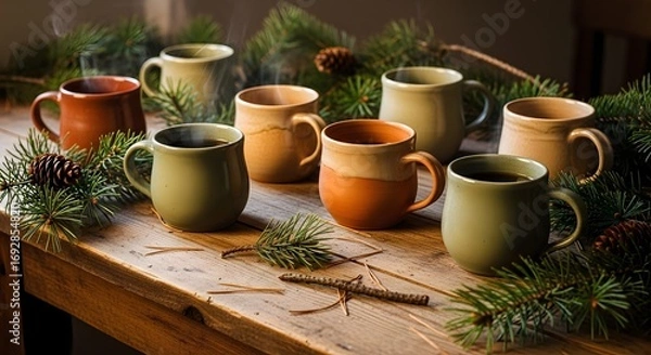 Fototapeta Cozy mugs with pine branches on a rustic wooden table for a winter theme