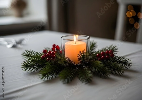 Fototapeta Christmas candle centerpiece with pine branches and red berries on a table