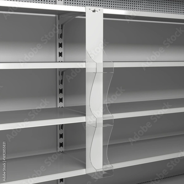 Fototapeta Close-up of hanging plastic clear display stand and supermarket empty shelves. 3d illustration