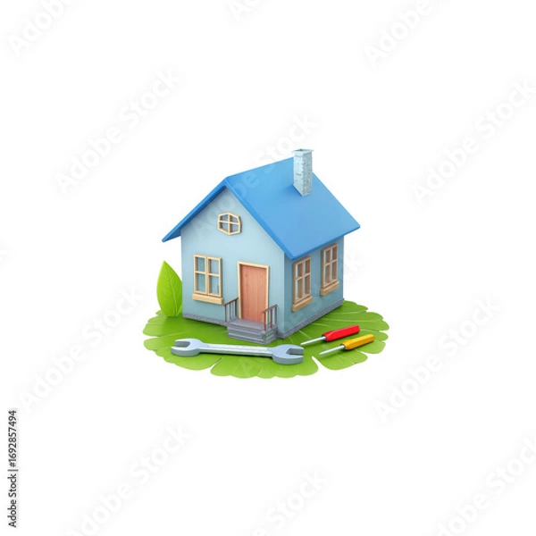 Fototapeta House. The wrench and screwdriver rest on a lettuce circle facing the house. These tools represent home improvement. Transparent background.