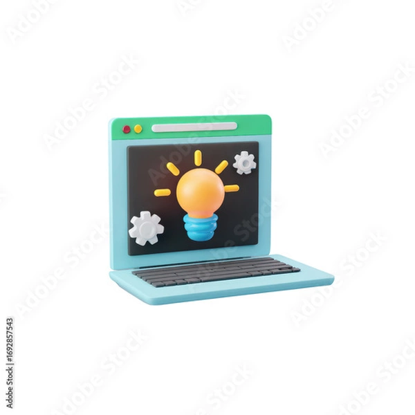 Fototapeta Laptop with a black screen and a floating orange and blue light bulb surrounded by small yellow rays. Transparent background.