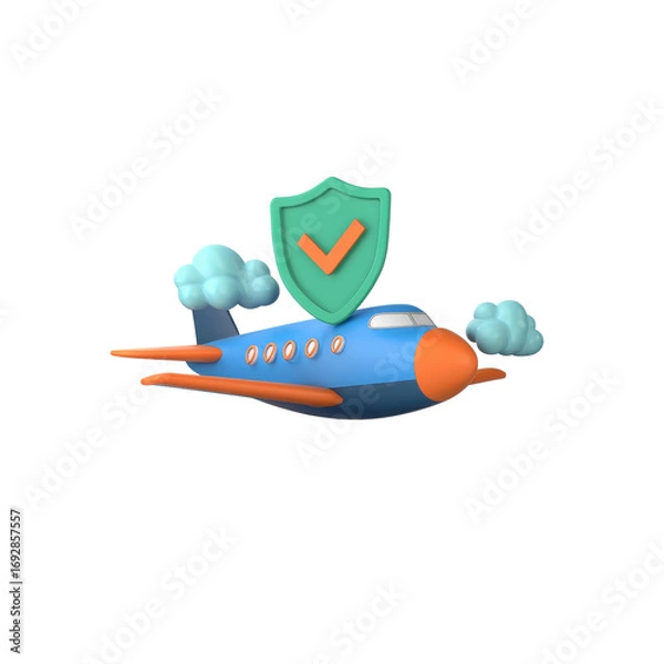 Fototapeta Airplane. Above the airplane is a green shield with an orange check mark, symbolizing protection. Soft white clouds float nearby. Transparent background