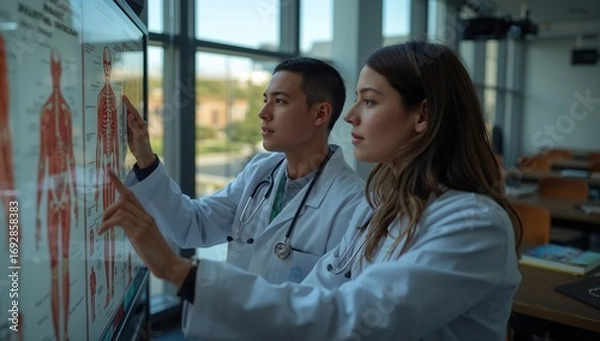 Fototapeta Diverse medical students reviewing anatomy diagrams in bright modern lecture hall