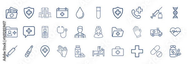 Fototapeta Medical healthcare line icon set. Vector pictograms of stethoscope, thermometer, syringe, pill, medicine, emergency, cross, heart, blood test, ambulance, bed, telehealth, thin linear. vector eps file