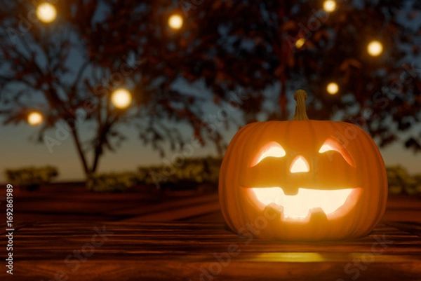 Obraz Halloween glowing jackolantern pumpkin on wooden surface at dusk. 3d rendering