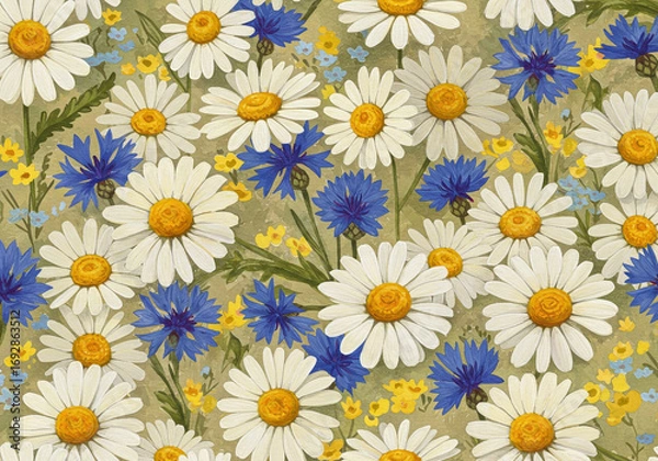 Fototapeta Elegant daisies and cornflowers create a vibrant floral pattern for a fresh spring design or cheerful wallpaper