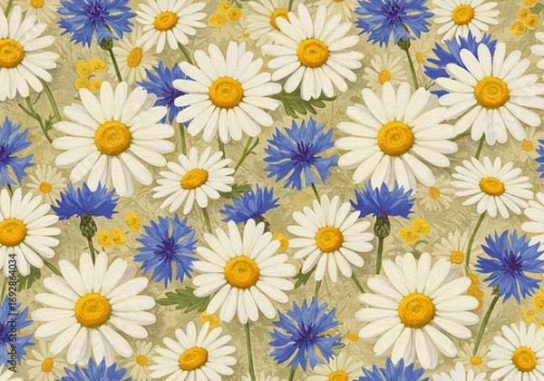 Fototapeta Daisies and cornflowers botanical pattern for spring textiles or floral designs with a natural meadow feel