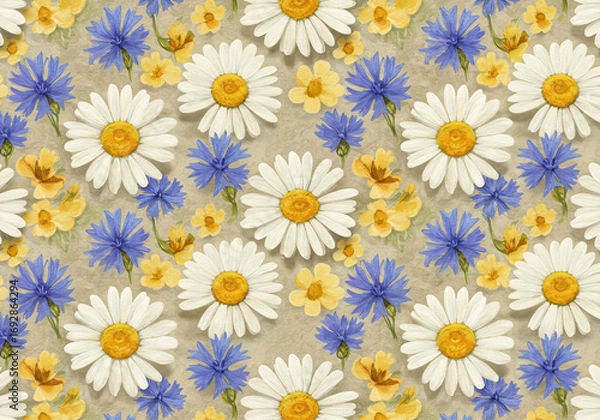 Fototapeta Delightful daisy and cornflower pattern creates a vibrant spring feeling with a touch of rustic charm