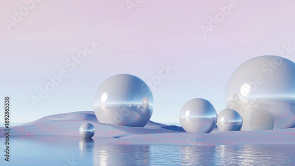 Fototapeta 3d render, Surreal spheres on pastel landscape with water reflection in futuristic style
