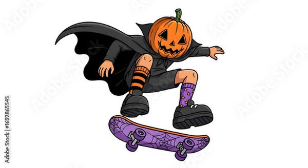 Obraz Creative cartoon of a festive pumpkin-headed character in a flowing cape performing a dynamic skateboarding trick