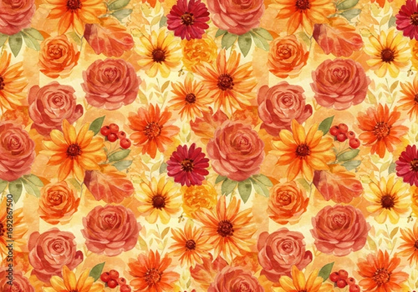 Fototapeta Vibrant autumn floral pattern for warm seasonal designs, perfect for backgrounds, textiles, and crafts projects