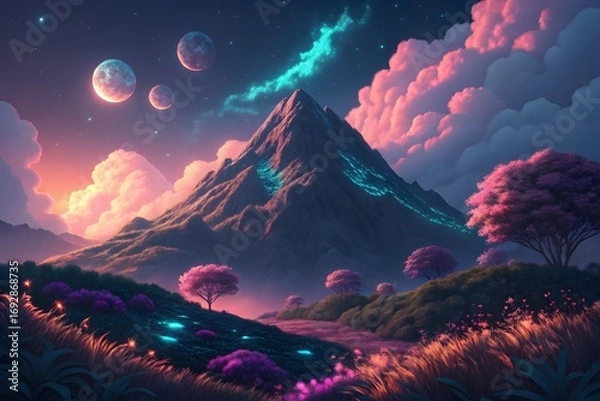 Obraz Fantasy digital illustration of a glowing mountain landscape with surreal skies, colorful trees, and multiple moons.