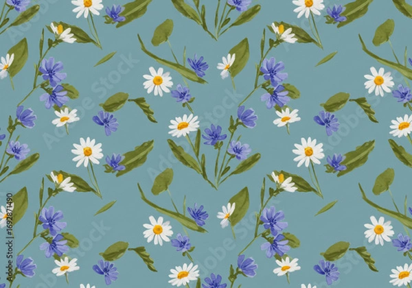 Fototapeta Delicate blue and white floral pattern ideal for textile design or spring themed backgrounds, evoking freshness
