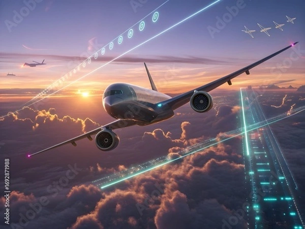 Obraz Futuristic airplane flying above clouds with neon digital HUD and holographic aviation technology.