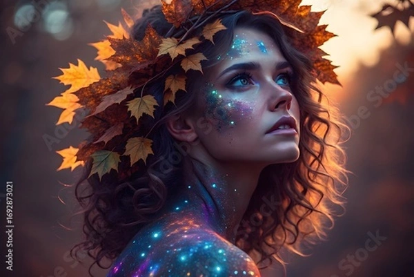 Obraz Fantasy portrait of woman with autumn leaves crown and glowing cosmic body art, symbolizing imagination, nature, and mysticism.