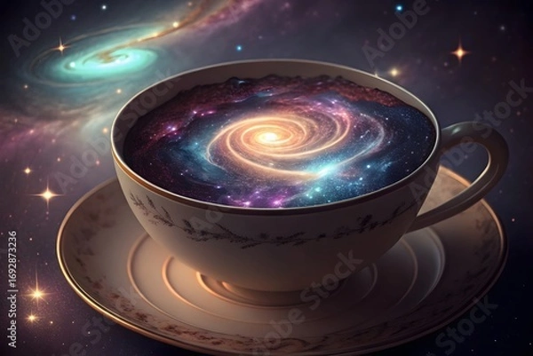 Obraz Surreal digital illustration of galaxy inside a coffee cup, blending cosmos with creativity.