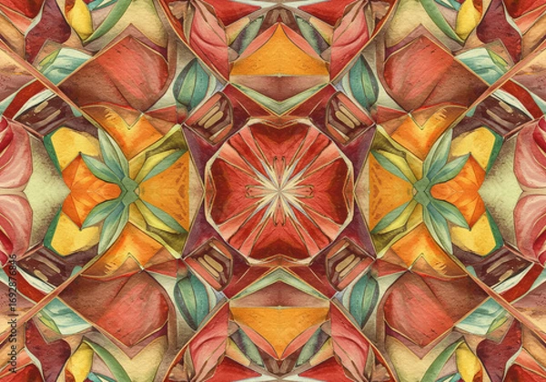 Fototapeta Vibrant kaleidoscope pattern with warm autumnal colors for unique design projects or eye-catching backgrounds