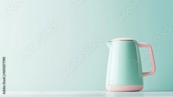 Fototapeta Modern teal electric kettle on a minimalist countertop with a soft pastel background color