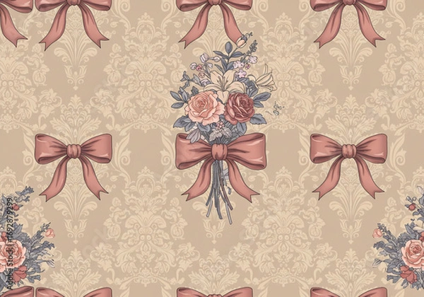 Fototapeta Elegant floral bouquet and ribbon pattern creates a sophisticated and romantic vintage design backdrop