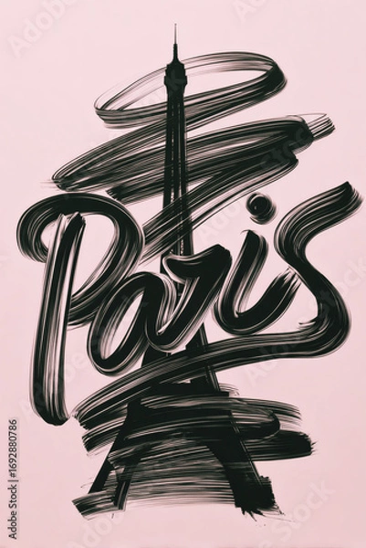 Obraz Paris Eiffel Tower Pink Calligraphic Brush Poster