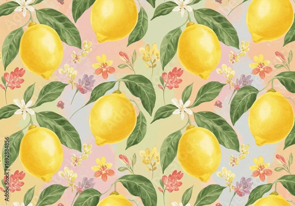 Fototapeta Vibrant lemon and floral pattern background perfect for summer designs, invitations, or cheerful fabric prints
